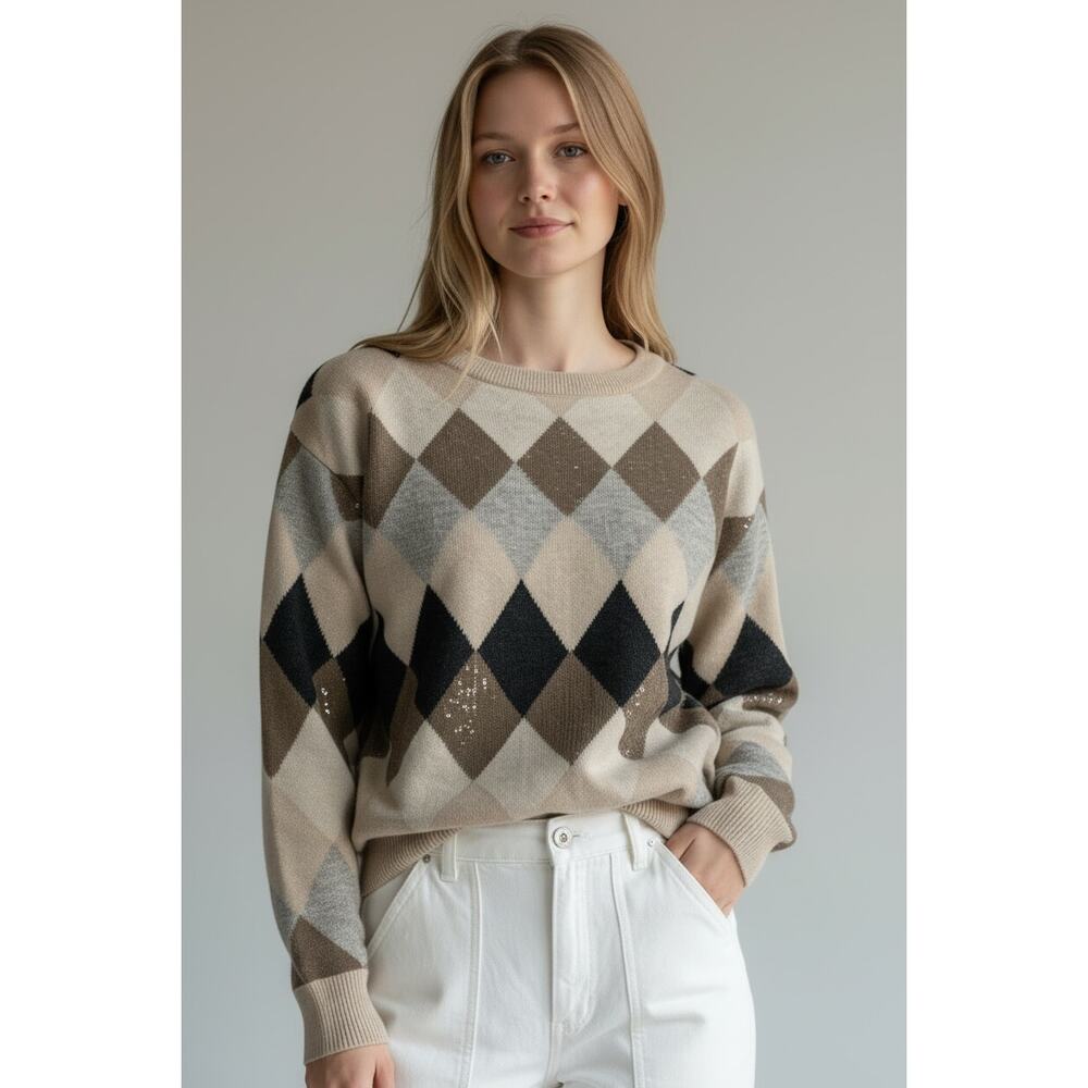 Brunello Cucinelli Oat Argyle Virgin Wool Cashmere Silk Sweater XS